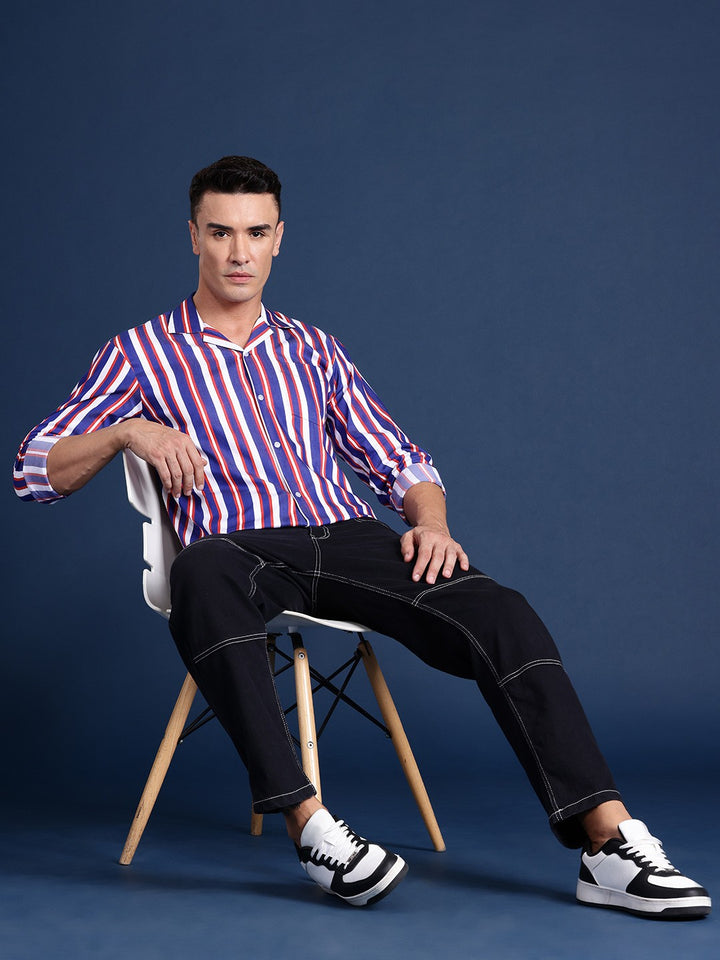 Men White Striped Pure Cotton Relaxed Fit Casual Shirt