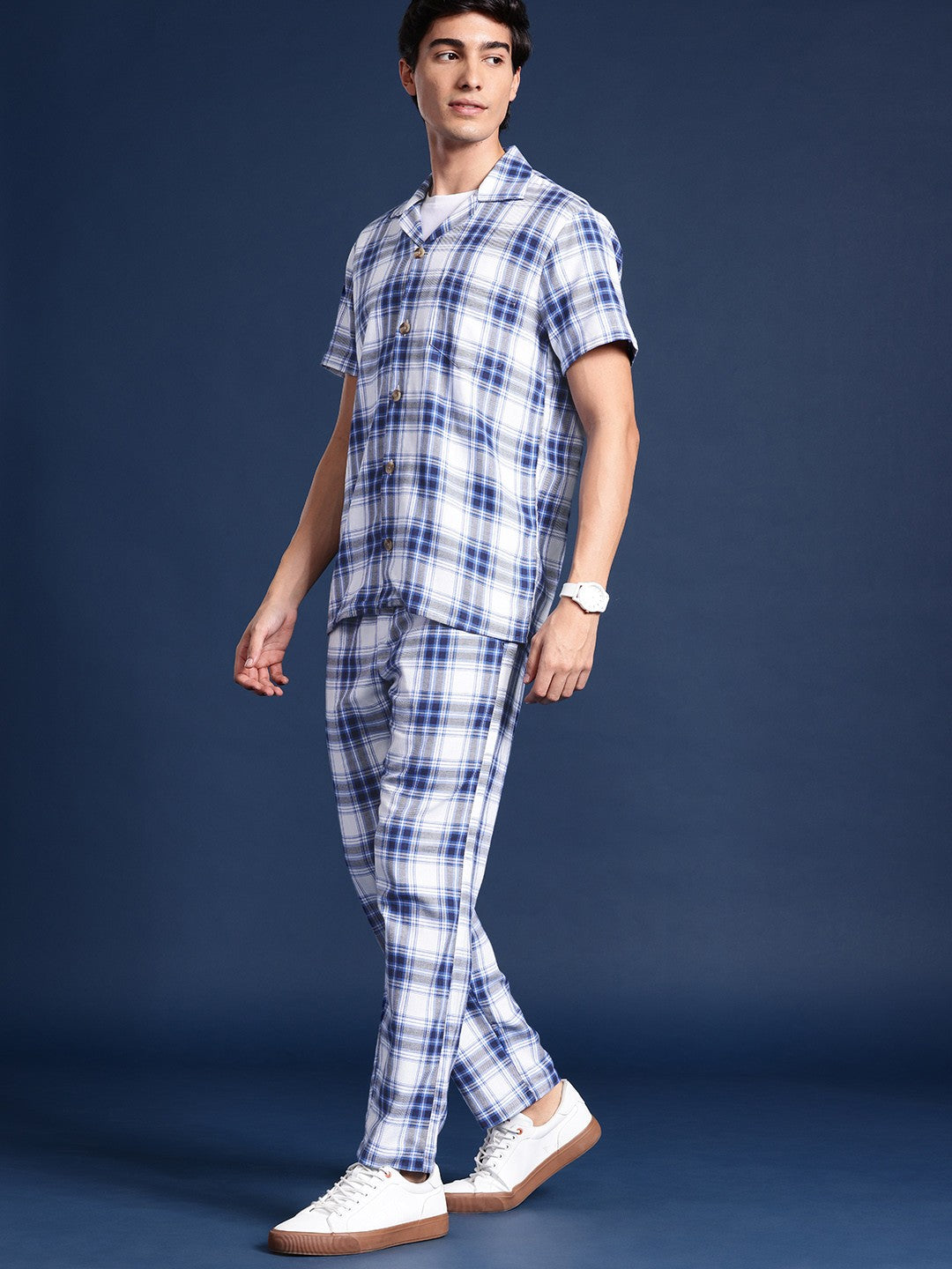 Men White & Blue Flannel Checked Pure Cotton Regular Fit Casual Co &Ord Sets