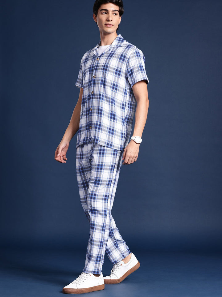 Men White & Blue Flannel Checked Pure Cotton Regular Fit Casual Co &Ord Sets