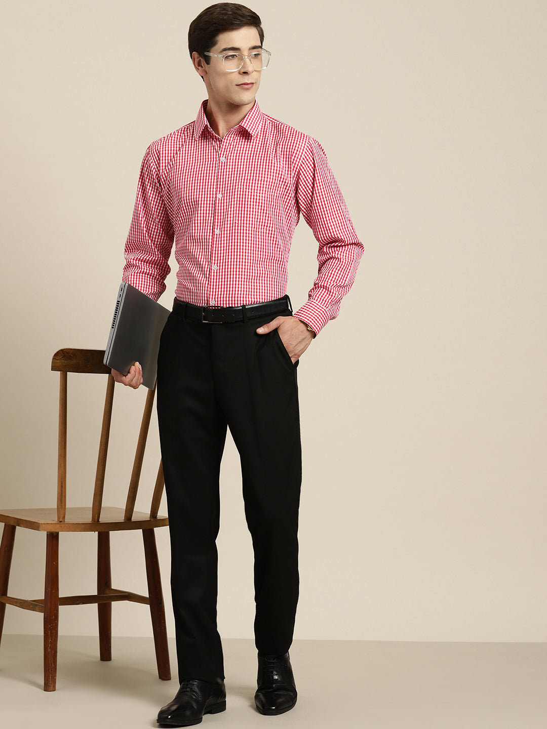 Men Red Gingham Check Cotton Rich Slim fit Formal Shirt