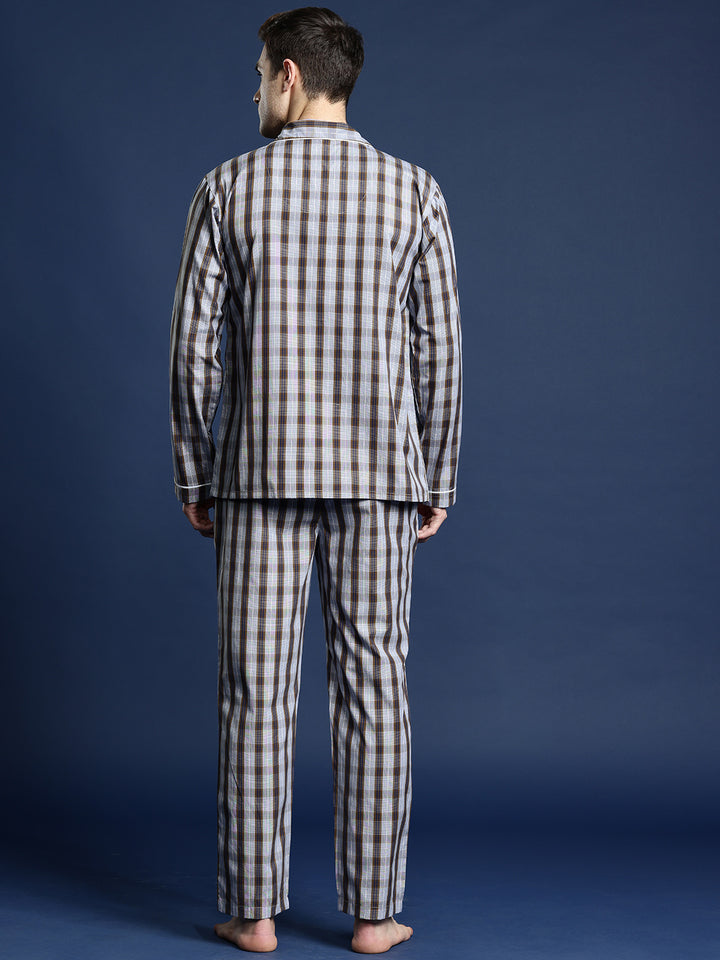Men Grey & Brown Checked Pure Cotton Relaxed Fit Night Suit