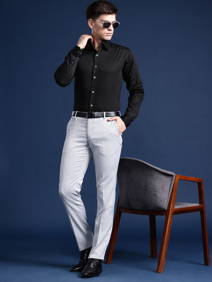 Men Black Solid Cotton Elastane Blend Slim Fit Formal Shirt