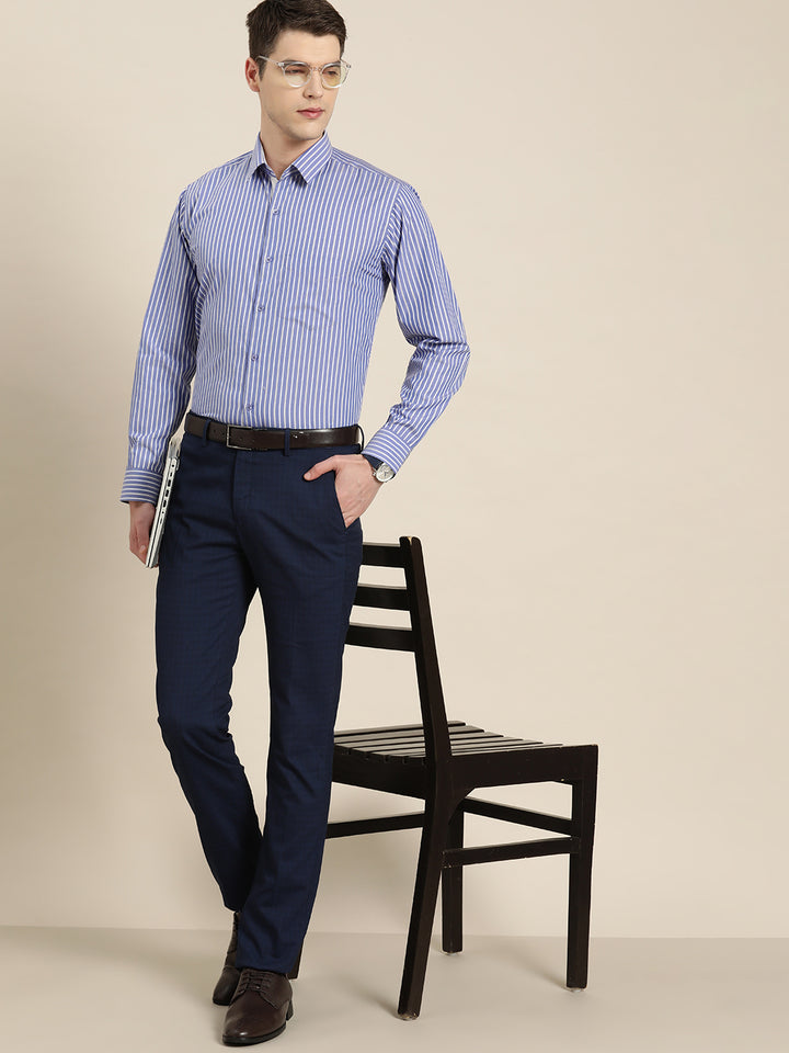 Men Blue Stripes Pure Cotton Slim fit Formal Shirt