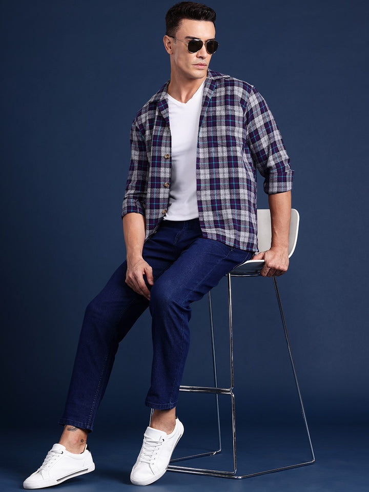 Men Purple Checked Pure Cotton Relaxed Fit Casual Shirt