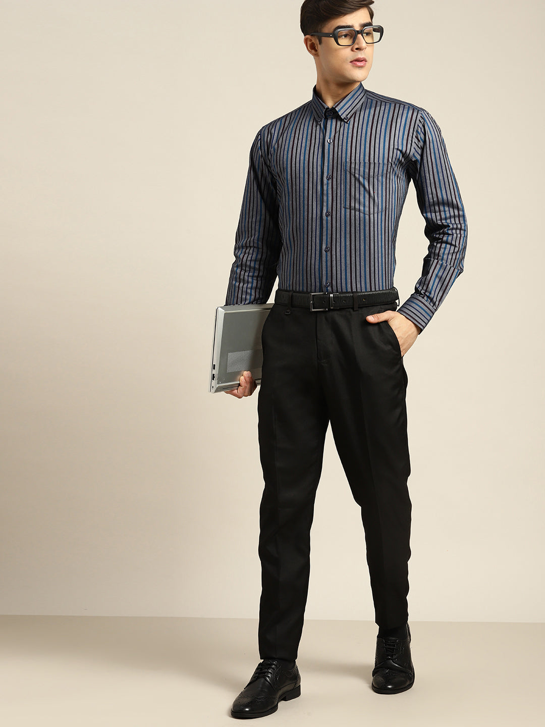 Men Grey & Black Stripes Pure Cotton Slim fit Formal Shirt