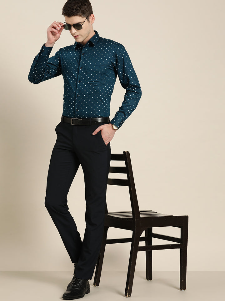 Men Navy Print Pure Cotton Slim fit Formal Shirt