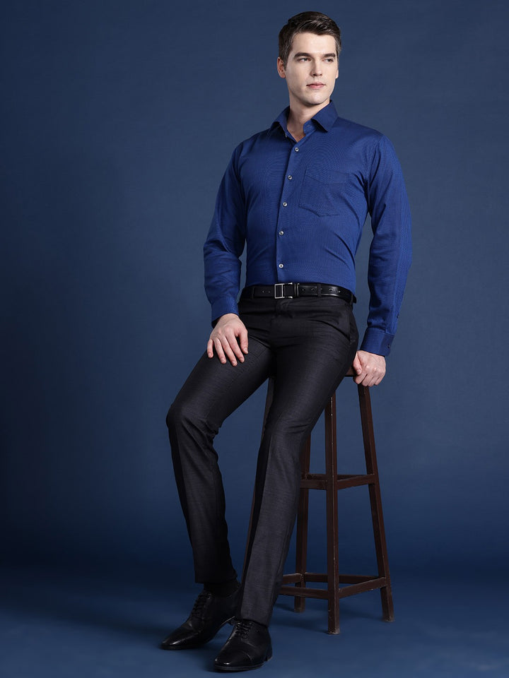 Men Navy Blue Solid Pure Cotton Slim Fit Formal Shirt