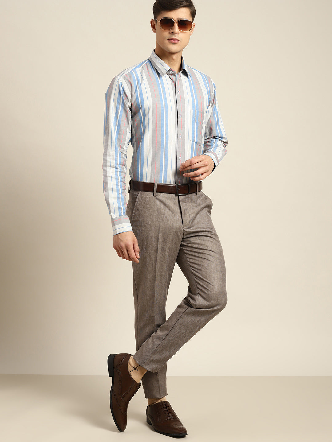 Men Grey & Blue Stripes Pure Cotton Regular Fit Formal Shirt