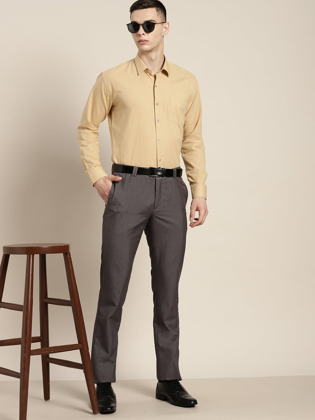Men Beige Solid Linen Cotton Slim fit Formal Shirt