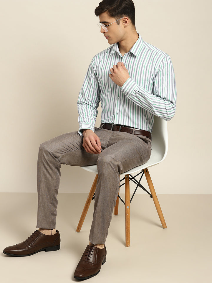 Men White & Grey Stripes Pure Cotton Slim fit Formal Shirt