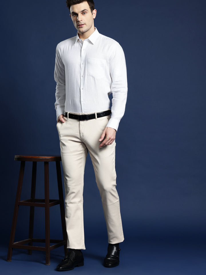 Men White Solid Pure Linen Slim Fit Formal Shirt