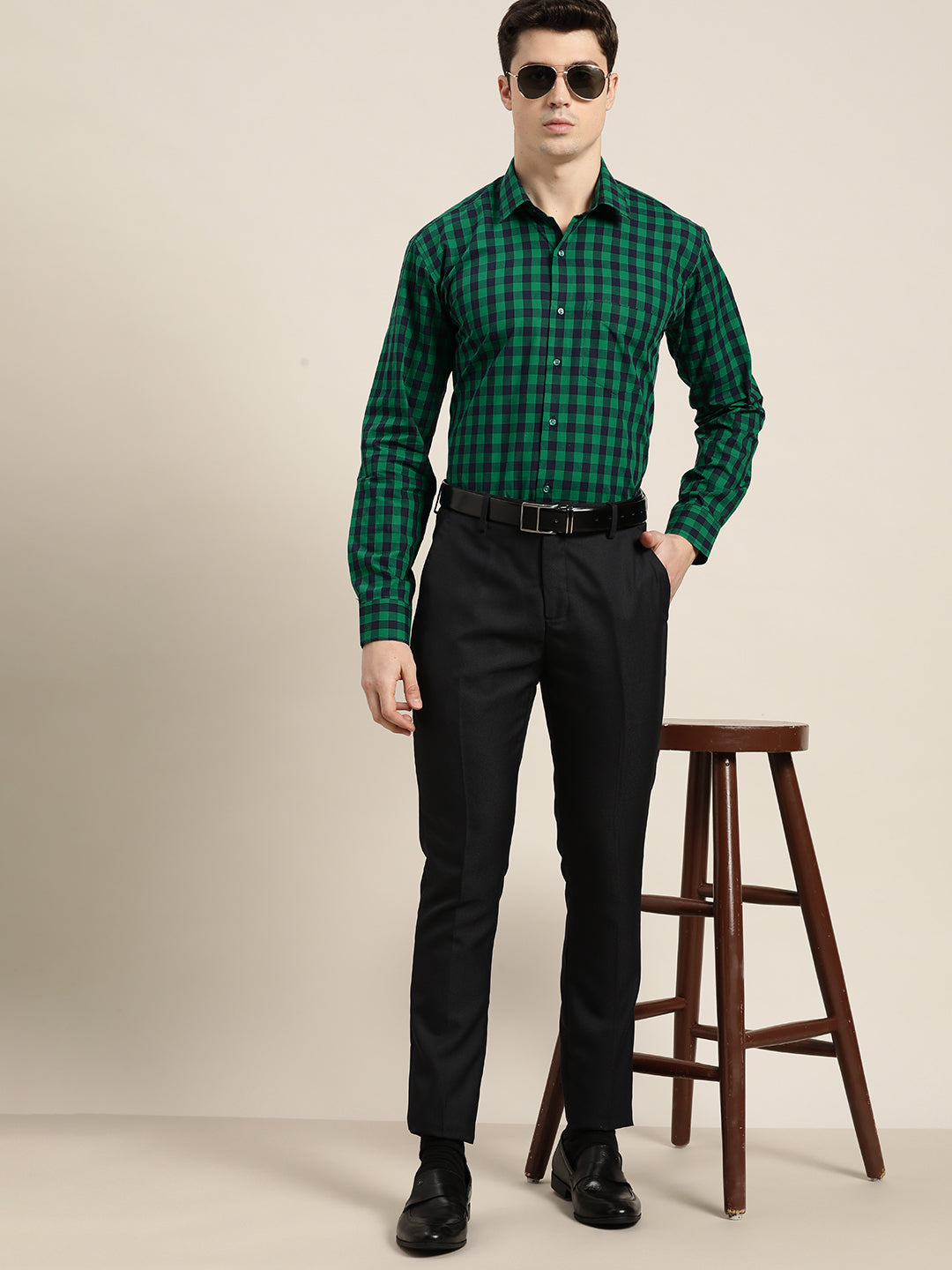 Men Green & Navy Checks Pure Cotton Slim fit Formal Shirt
