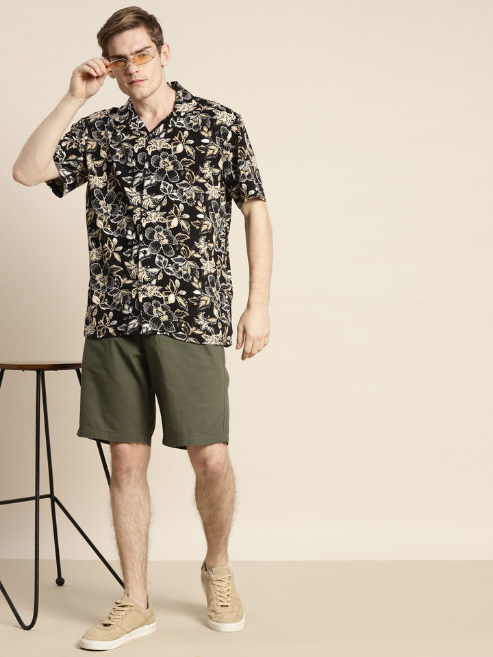 Men Black & Beige Print Viscose Rayon Relaxed Fit Casual Resort Shirt