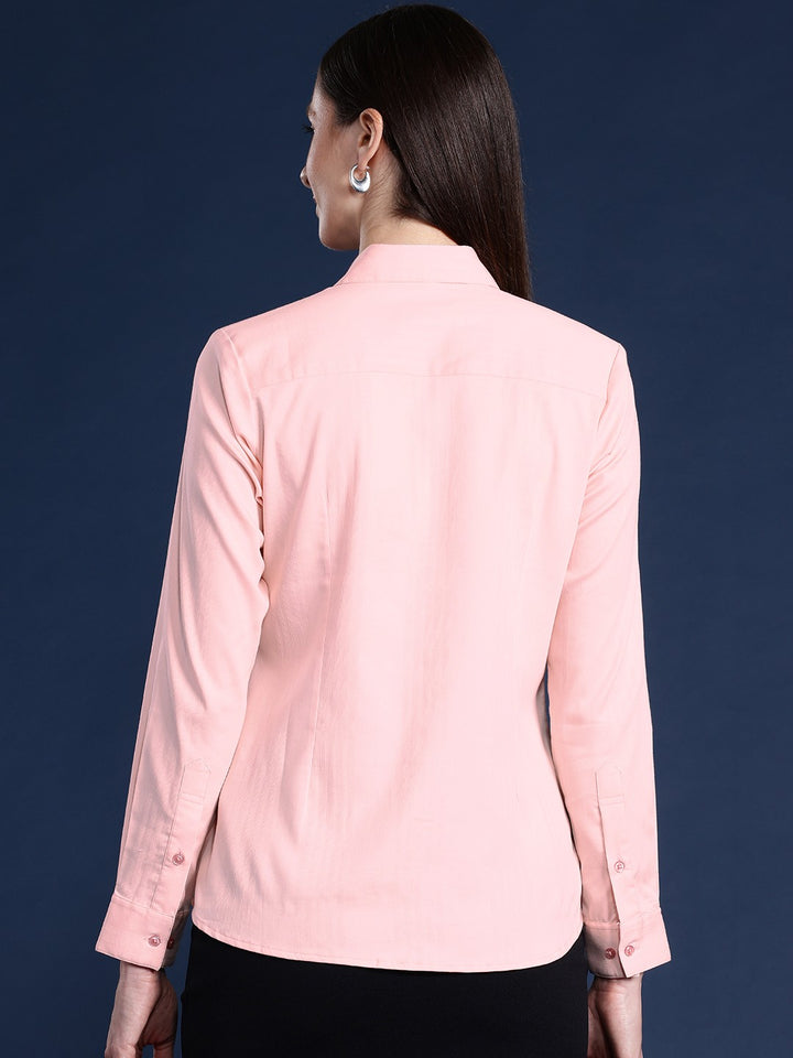 Women Peach Solid Self Design, Pure Cotton Stretchable Wrinkle Free Formal Shirt