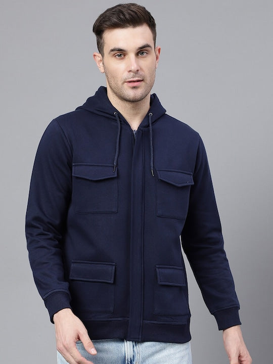 Men Navy Blue Solid Full Zipper Cargo Pocket Long Sleeves Fleece Hooded Sweatshirt