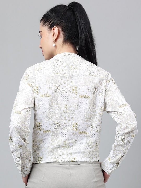 Women White & Green Floral Printed Pure Cotton Long sleeve Regular Fit Formal Top