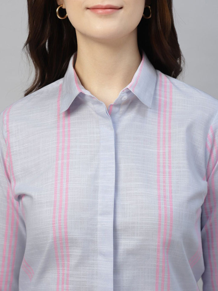 Hancock Women Blue Stripe Pure Cotton Regular Fit Formal Shirt