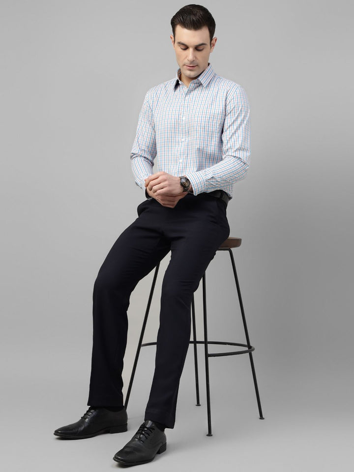 Men White & Blue Check Cotton Slim Fit Formal Shirt
