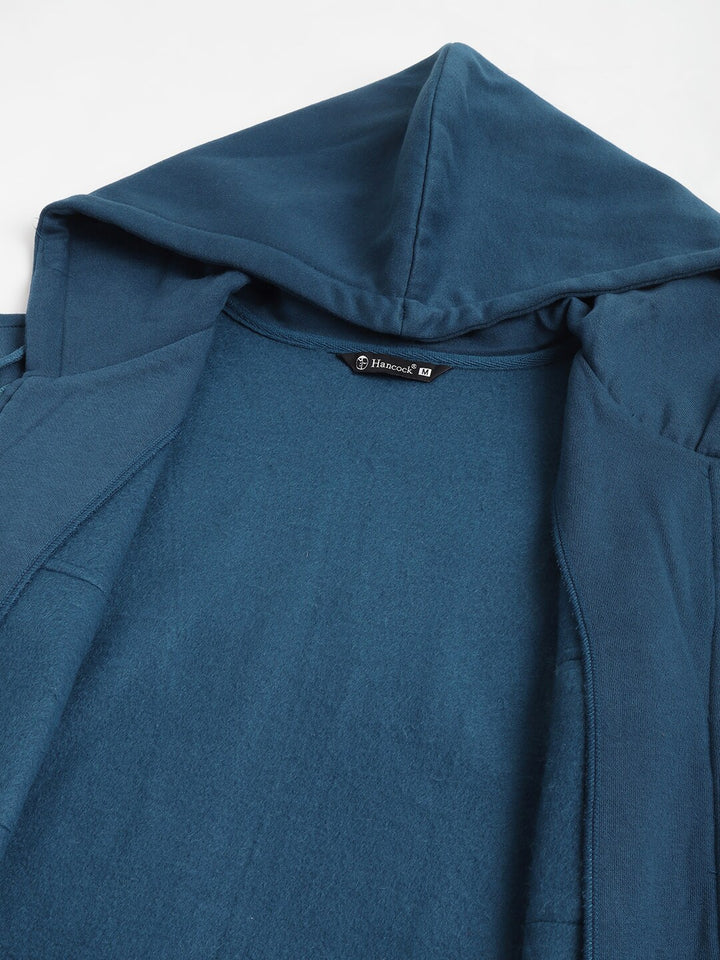 Men Turquoise Blue Solid Full Zipper Cargo Pocket Long Sleeves Fleece Hooded Sweatshirt