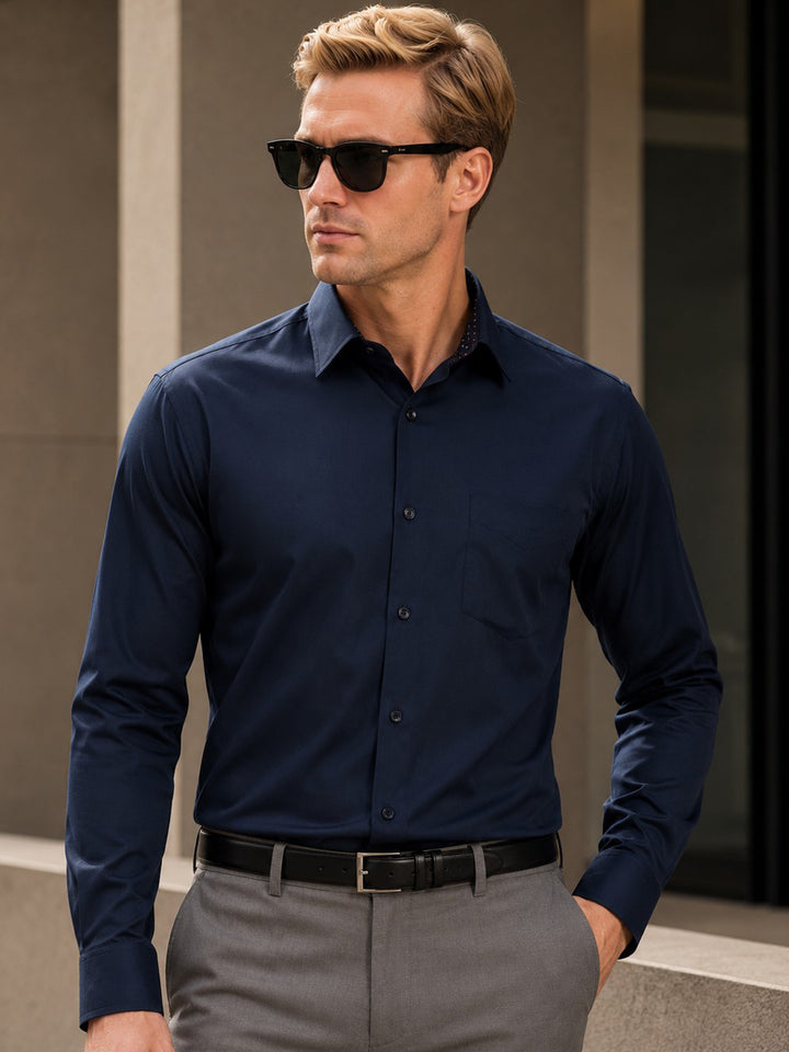 Men Navy Blue Pure Cotton Slim Fit Solid Formal Shirt