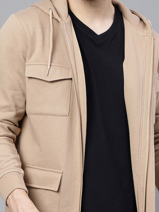 Men Beige Solid Full Zipper Cargo Pocket Long Sleeves Fleece Hooded Sweatshirt