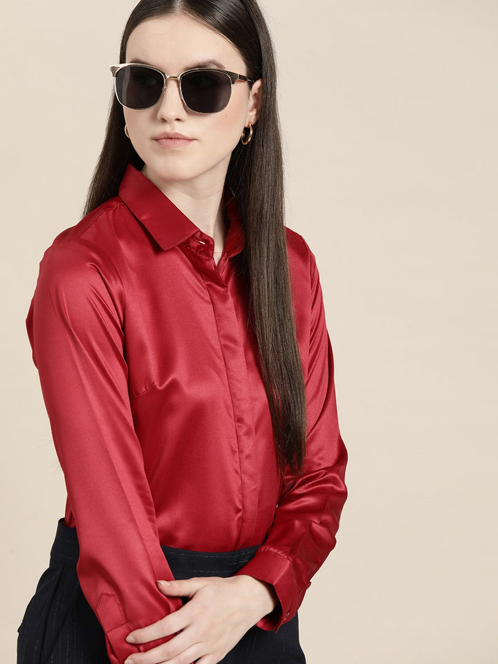 Women Red Solid Satin Formal Shirt