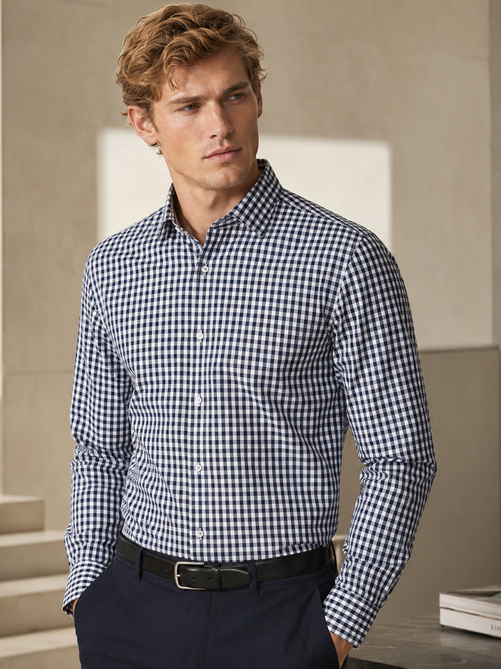 Men Navy Blue Checks Slim Fit Pure Cotton Formal Shirt
