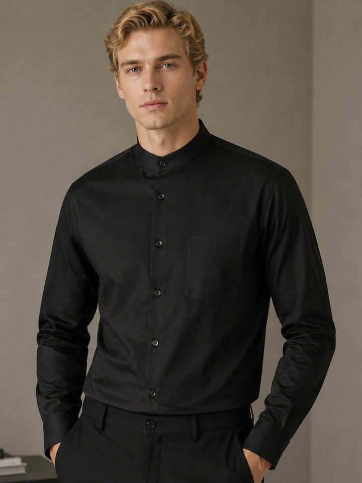 Men Black Solid Slim Fit Pure Cotton Satin Formal Shirt