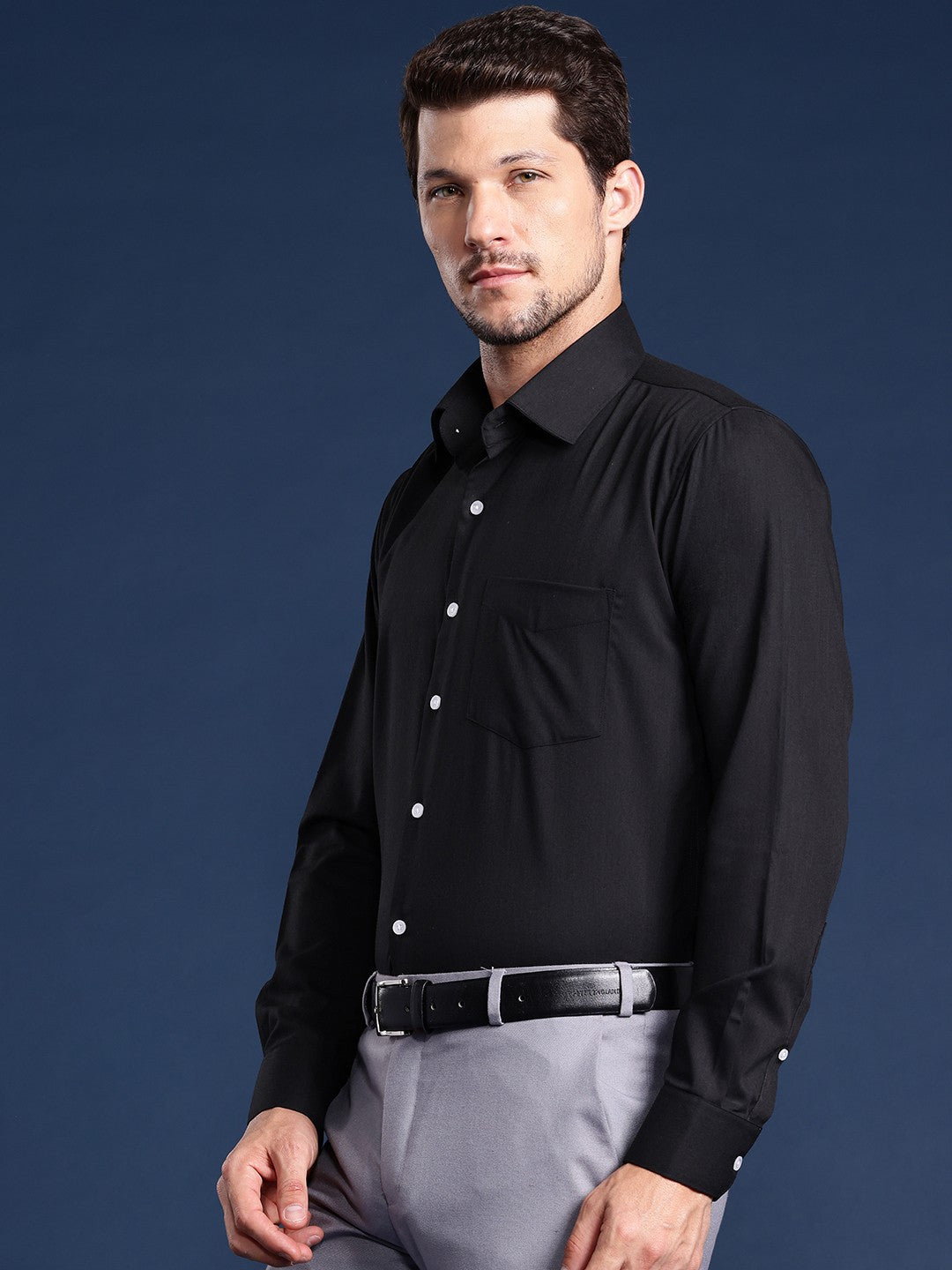 Men Black Solid Viscose Rayon Slim Fit Formal Shirt