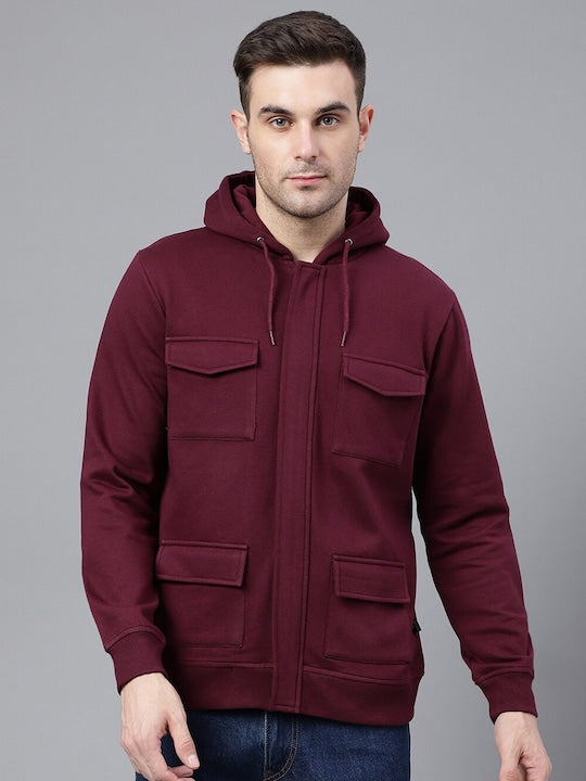 Men Burgundy Solid Full Zipper Cargo Pocket Long Sleeves Fleece Hooded Sweatshirt