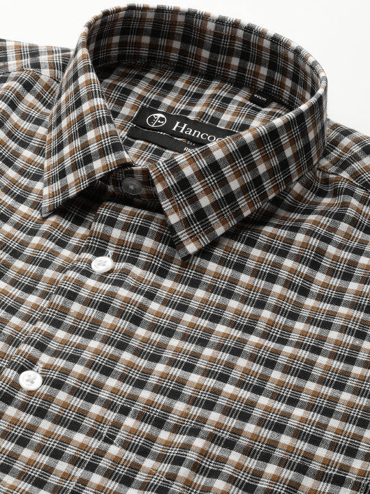 Men White & Brown Checked Cotton Rich Regular Fit Formal Shirt