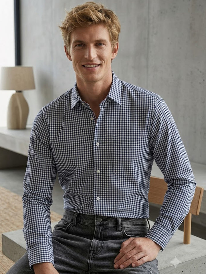 Men Navy Blue Checks Slim Fit Pure Cotton Formal Shirt