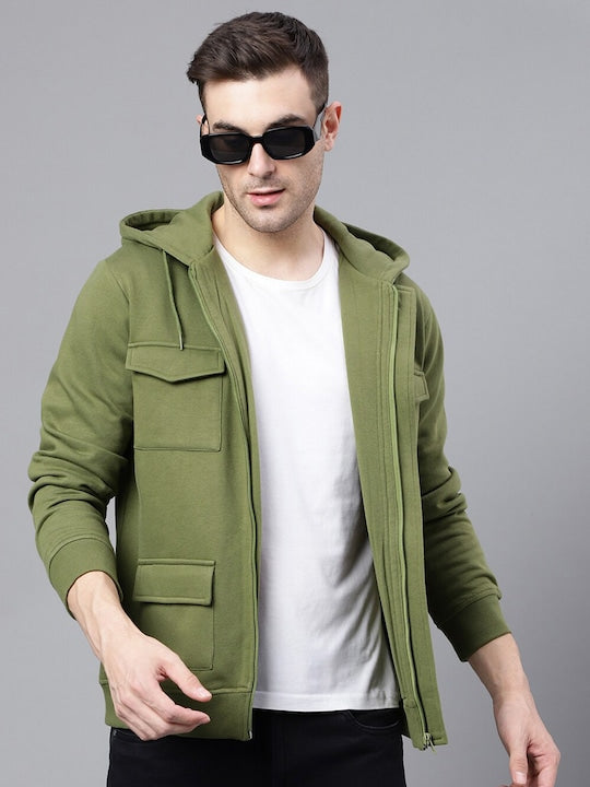 Men Olive Solid Full Zipper Cargo Pocket Long Sleeves Fleece Hooded Sweatshirt