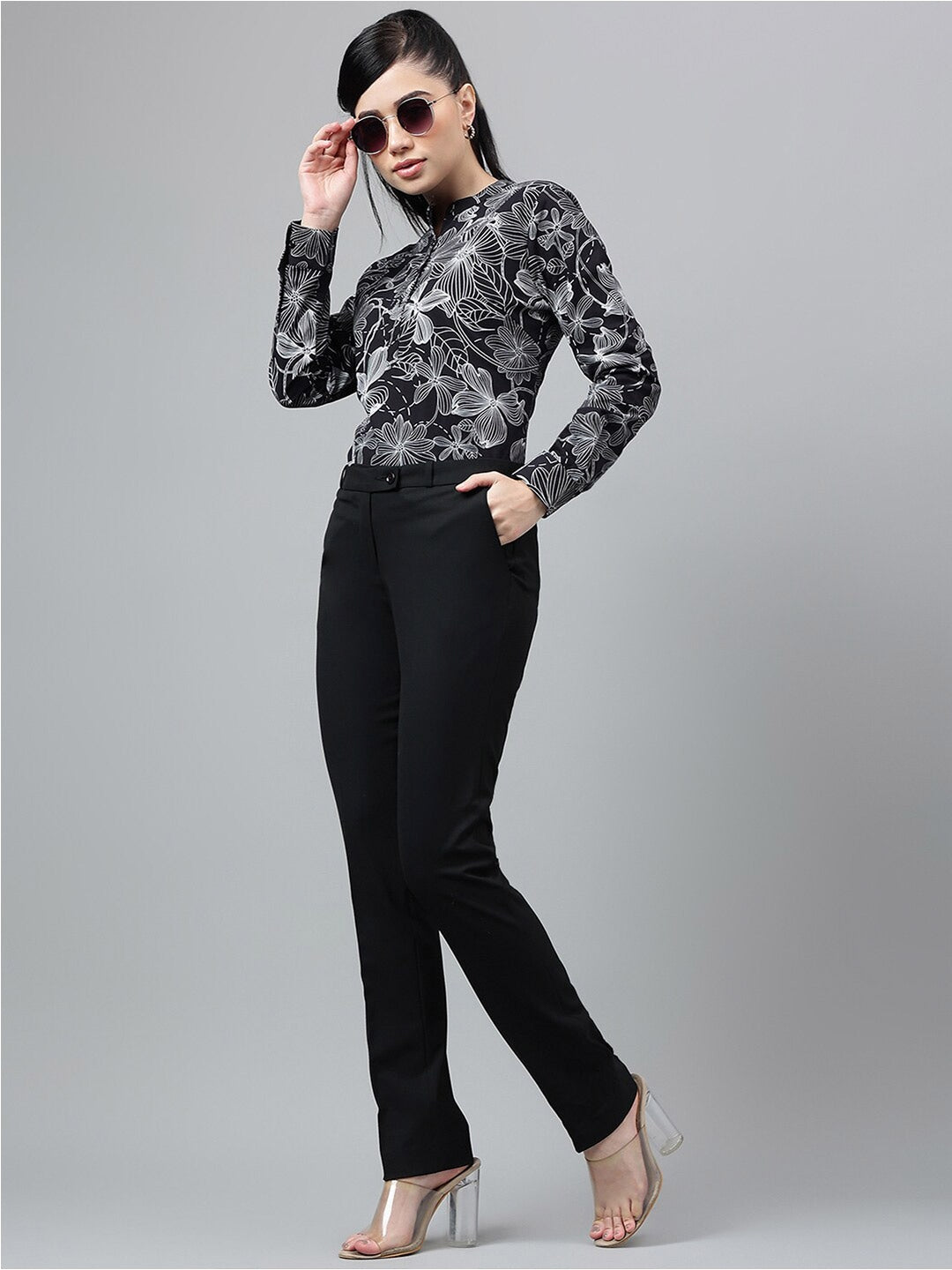 Women Black  Floral Printed Pure Cotton Long sleeve Regular Fit Formal Top