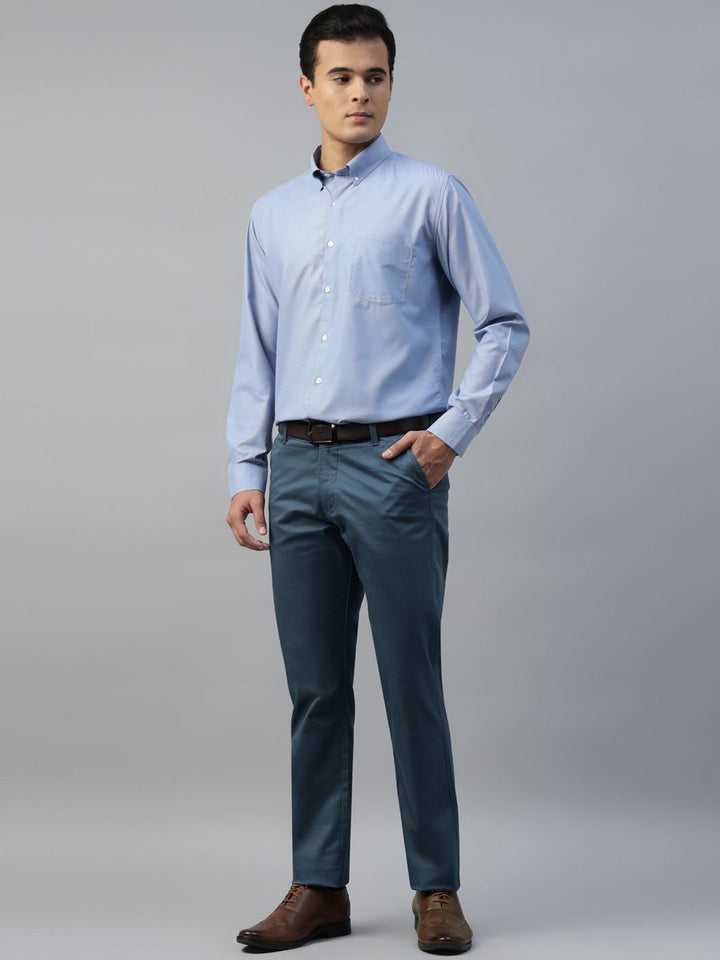 Hancock Men Turquoise Blue Solid  Slim Fit Formal Trouser