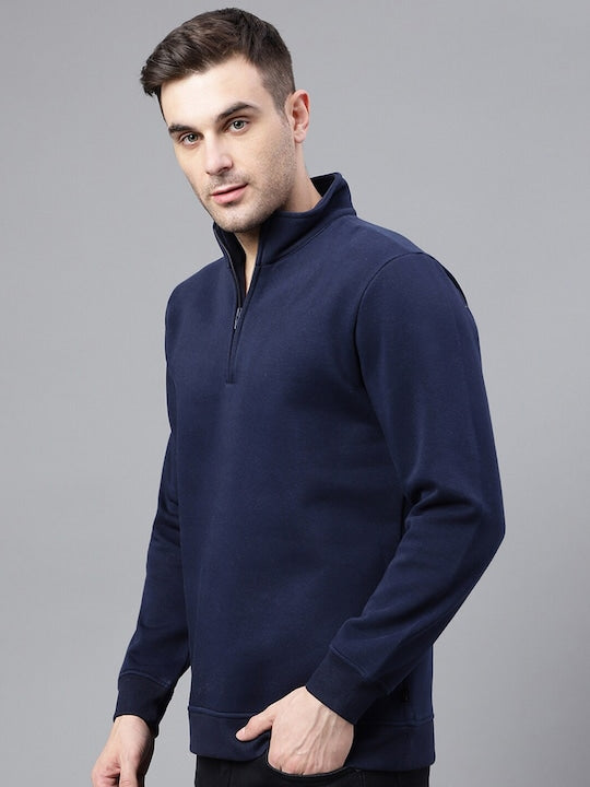 Men Navy Blue Solid Half Zipper Long Sleeves Fleece Sweatshirt