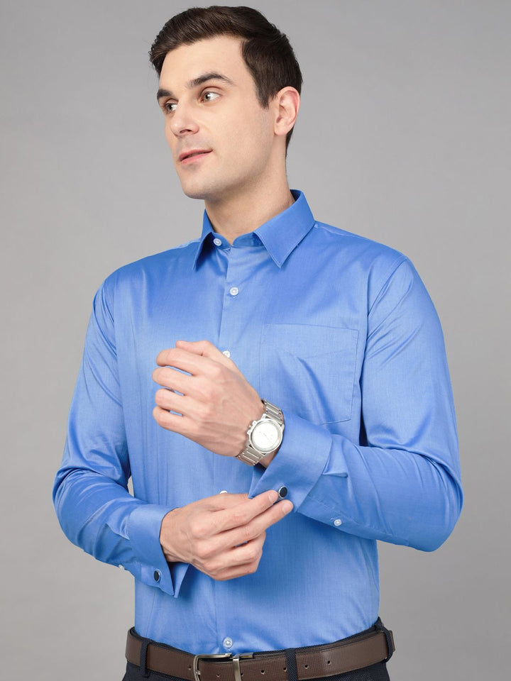 Hancock Men Blue Solid Pure Cotton Chambray Slim Fit French Cuff Formal Shirt