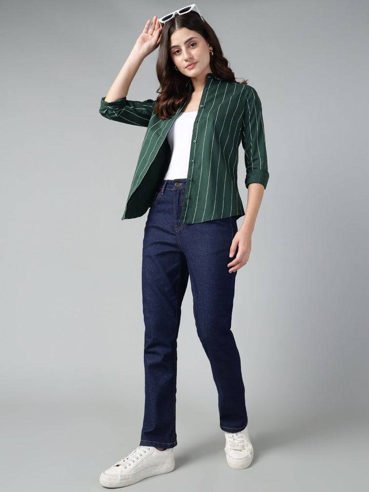 Hancock Women Bottle Green Stripe Pure Cotton Slim Fit Casual Shirt