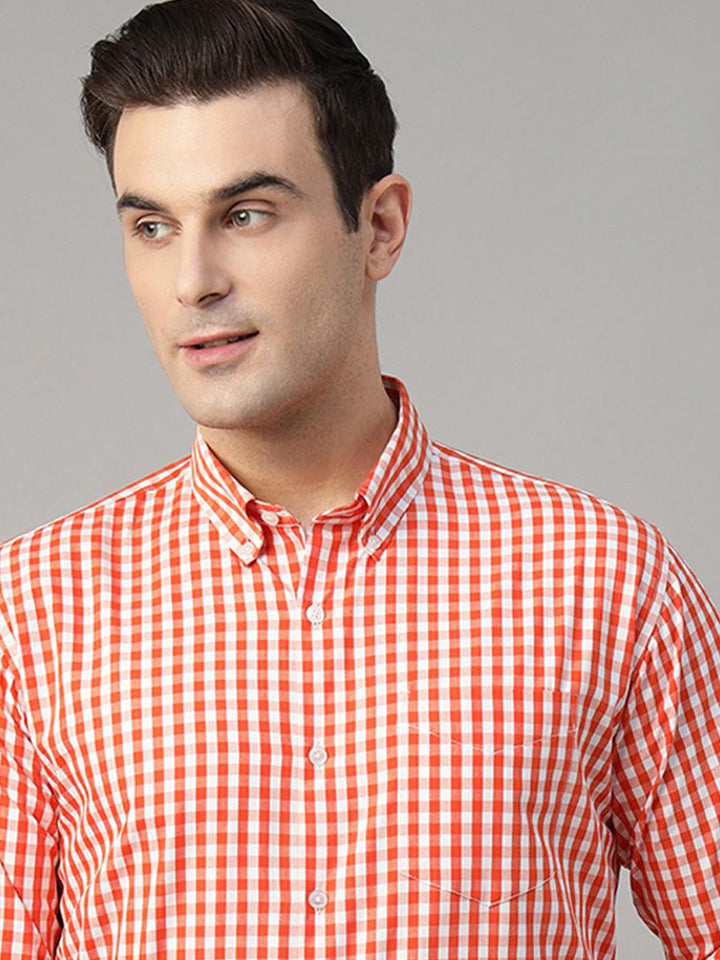 Hancock Men Orange Check Pure Cotton Slim Fit Formal Shirt