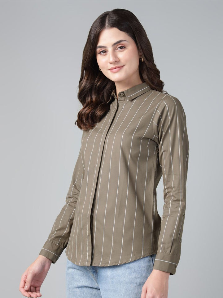 Hancock Women Olive Stripe Pure Cotton Slim Fit Casual Shirt