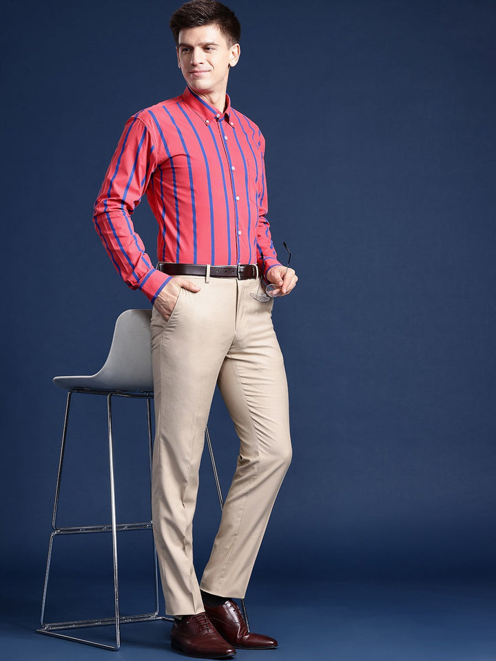 Men Coral Striped Pure Cotton Slim Fit Formal Shirt