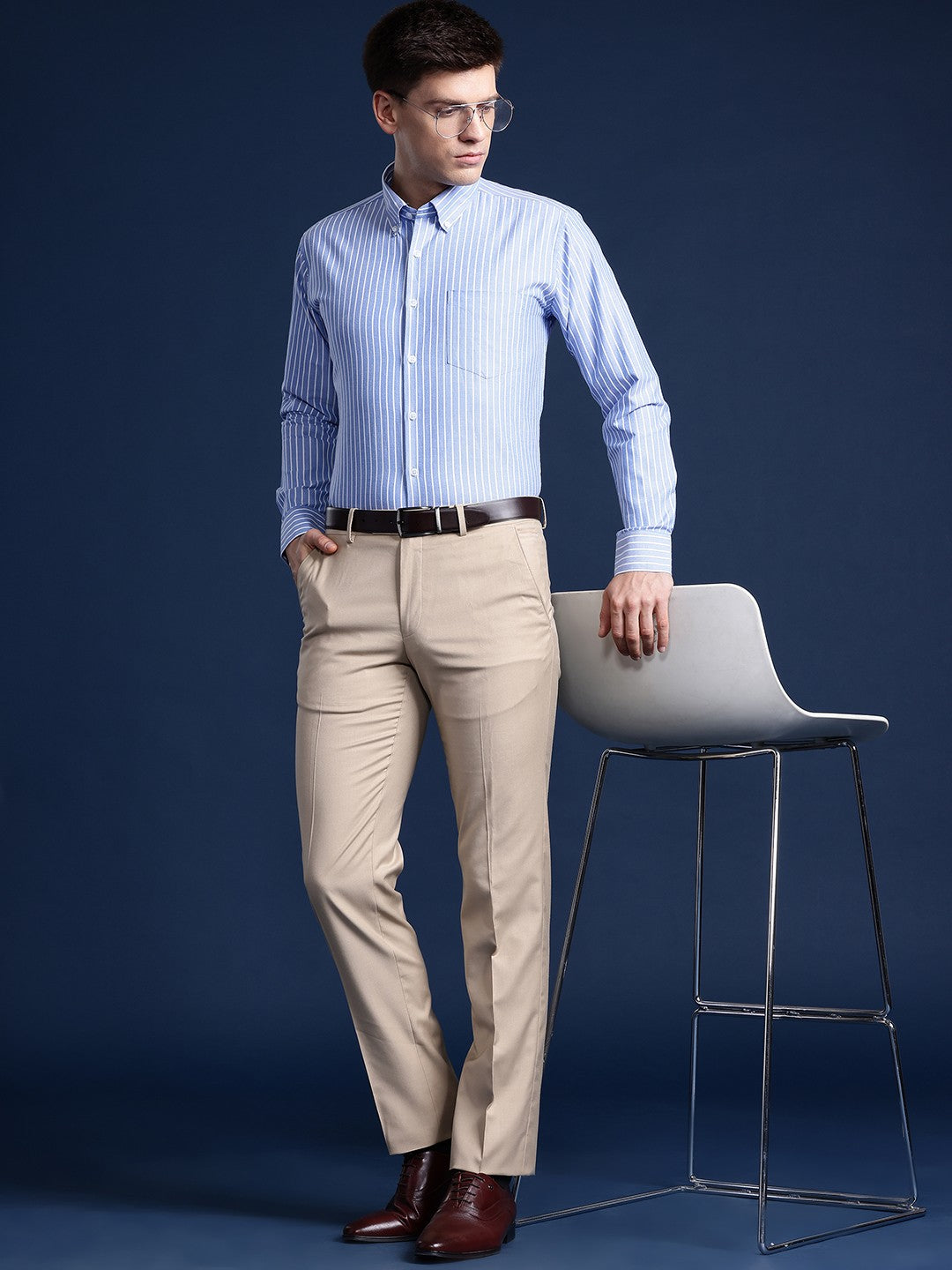 Men Blue Striped Cotton polyster Slim Fit Formal Shirt