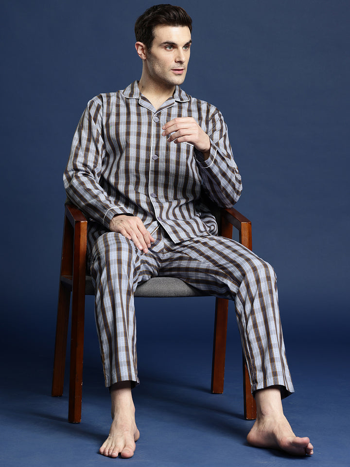 Men Grey & Brown Checked Pure Cotton Relaxed Fit Night Suit