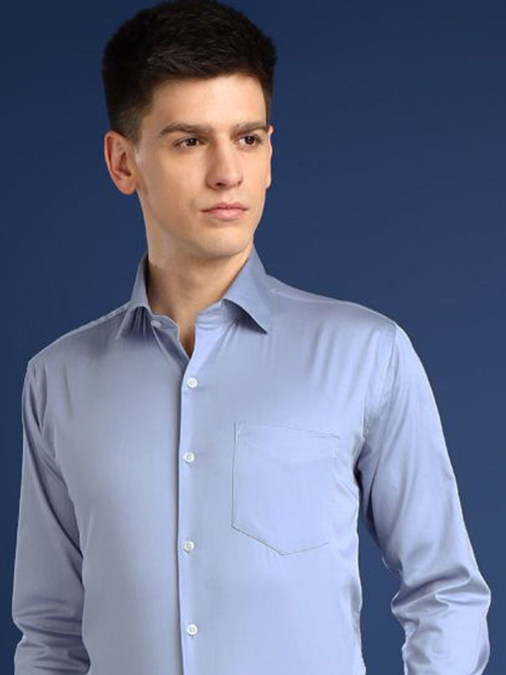 Hancock Men Sky Blue Solid Cotton Elastene Slim Fit Party Shirt