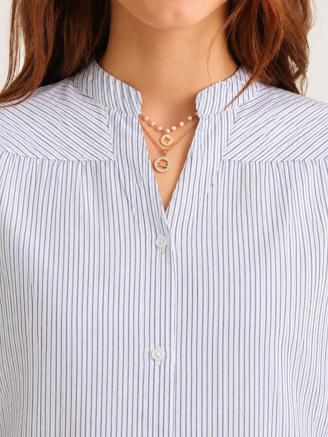 Hancock   Women   White & Navy Blue   Stripes   Pure Cotton   Regular Fit   Formal   Shirt