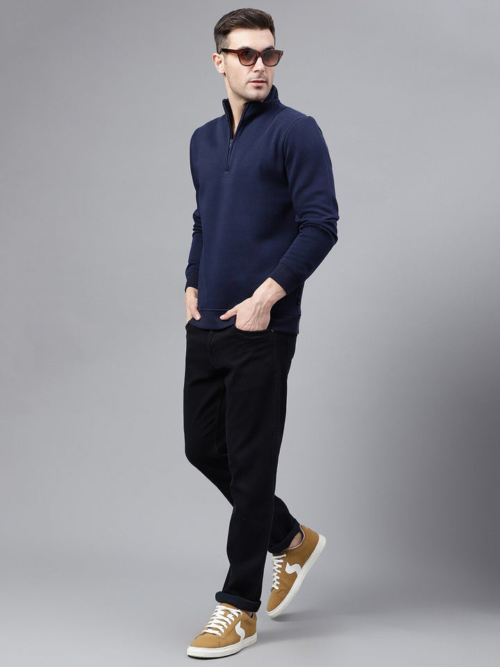 Men Navy Blue Solid Half Zipper Long Sleeves Fleece Sweatshirt