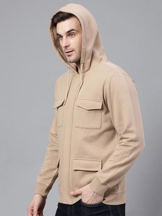 Men Beige Solid Full Zipper Cargo Pocket Long Sleeves Fleece Hooded Sweatshirt