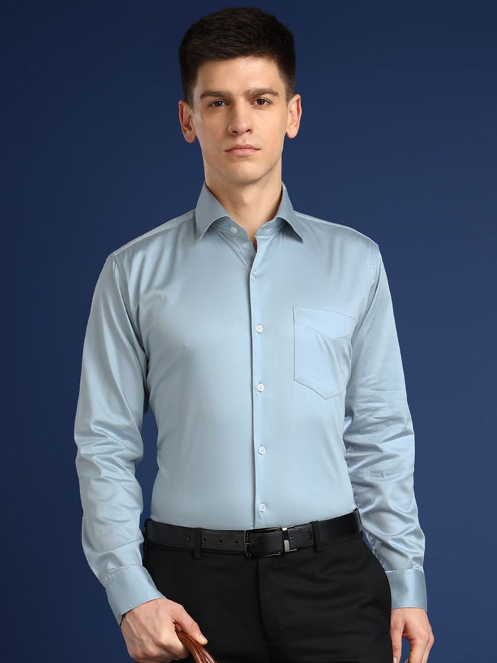 Hancock Men Turquoise Solid Cotton Elastene Slim Fit Party Shirt