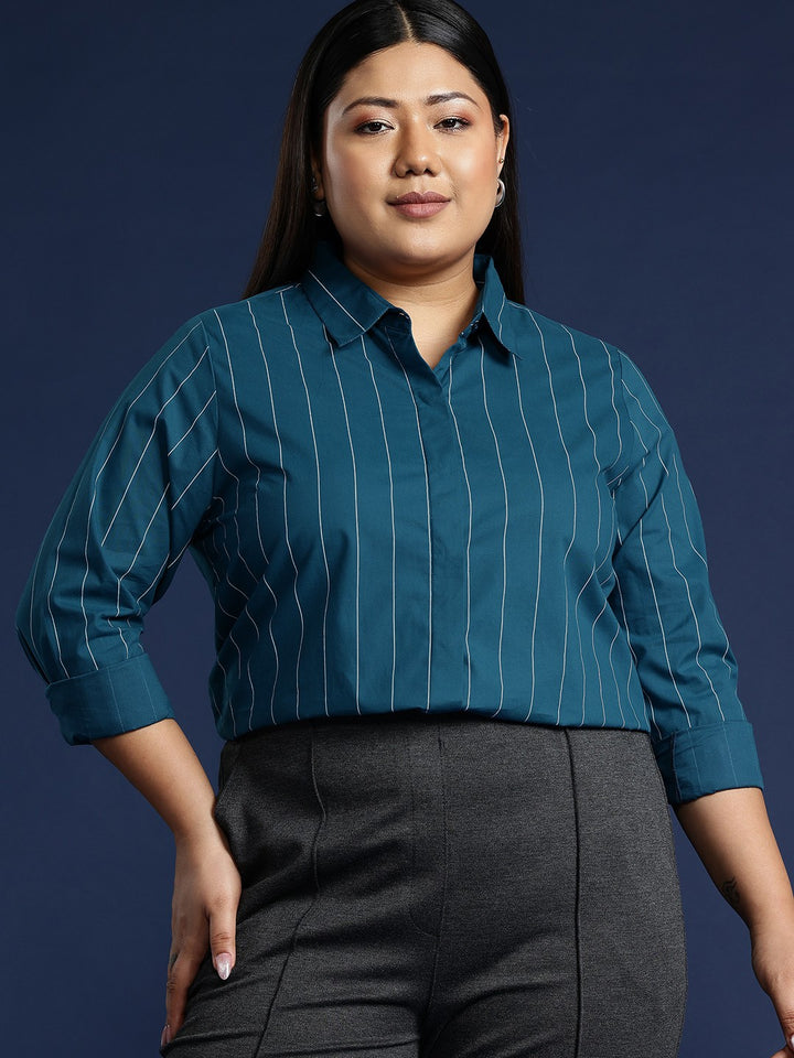 Women Turquoise Stripes Pure Cotton Plus Size Formal Shirt