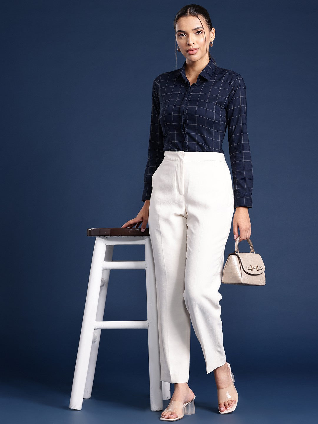 Formal Navy Blue Pant And White Shirt Women Navy Blue Checks Pure